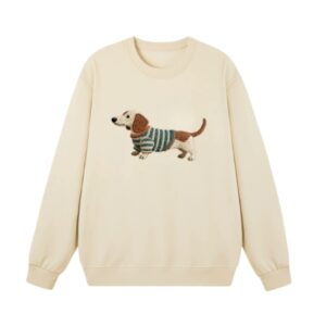Faux-Embroidered Dachshund Print Pullover Sweatshirt — Beige