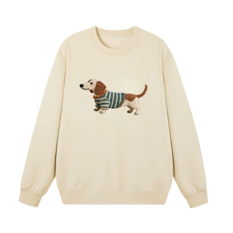 Faux-Embroidered Dachshund Print Pullover Sweatshirt β Beige