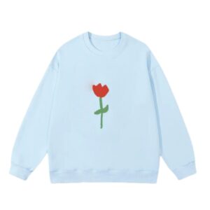 Pixel-Style Red Tulip Pattern Sweatshirt — Light Blue